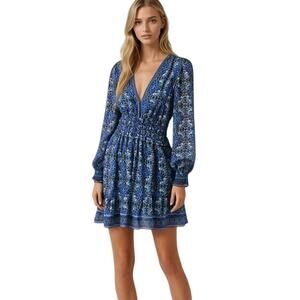 Max Studio V-Neck Smocked Waist Mini Dress Floral Blue Green Size S